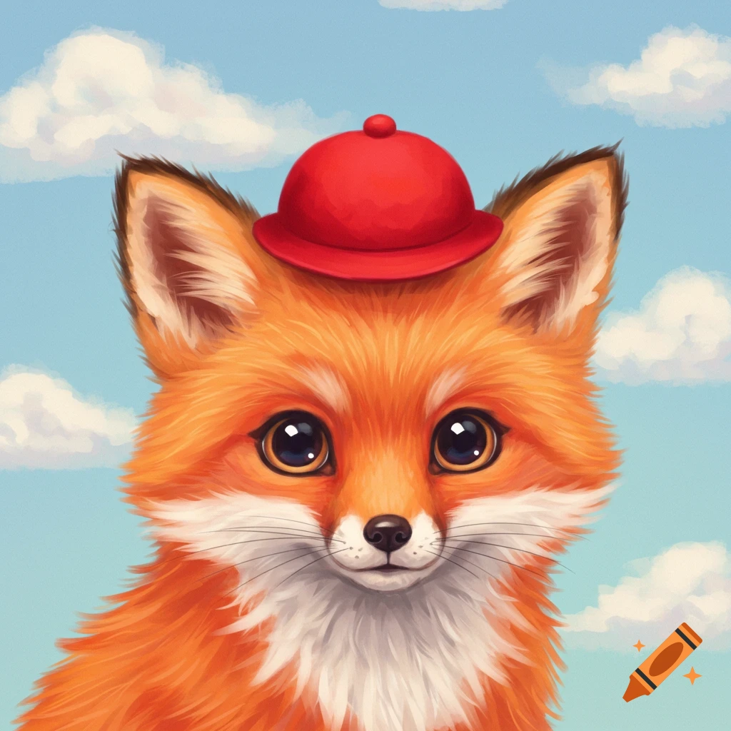 Close-up of a cute fox wearing a red hat against a cloudy sky.