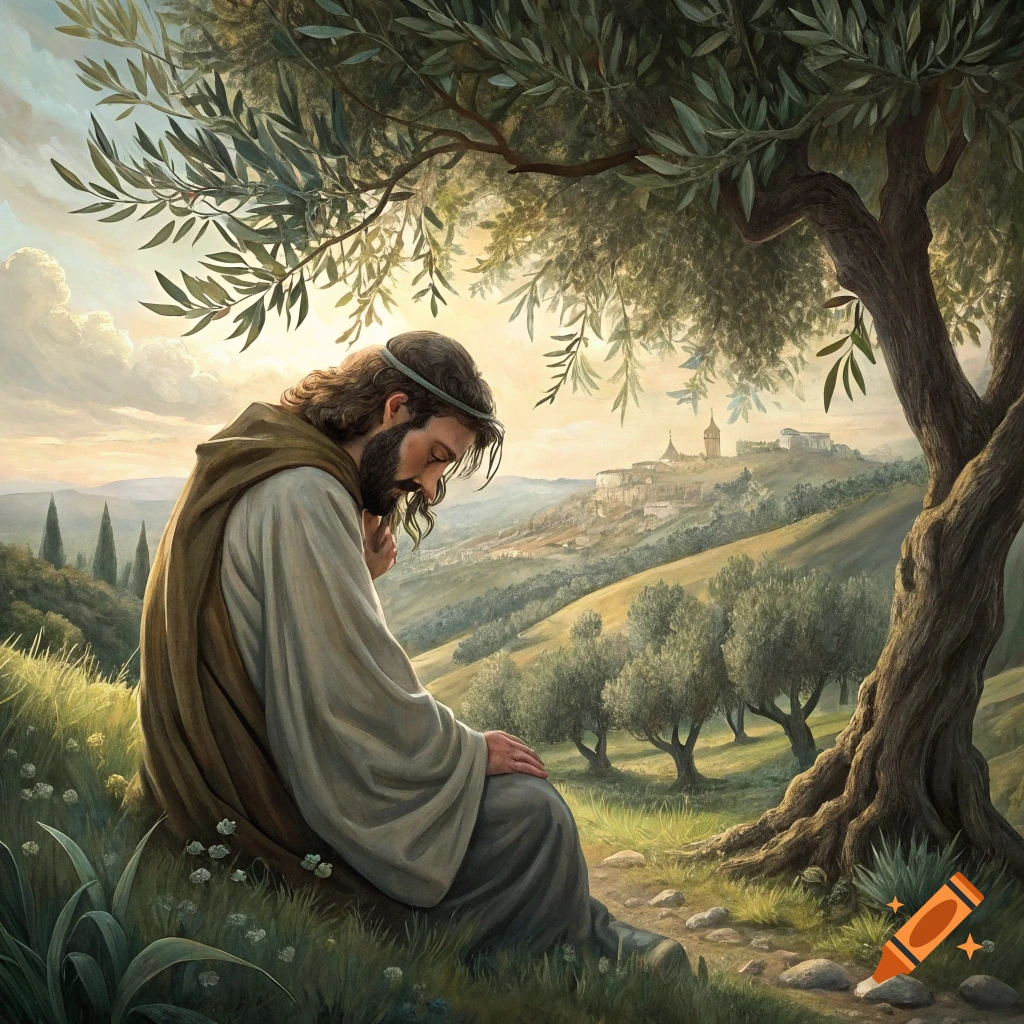 Painting of Jesus praying under an olive tree on a hillside overlooking a town.