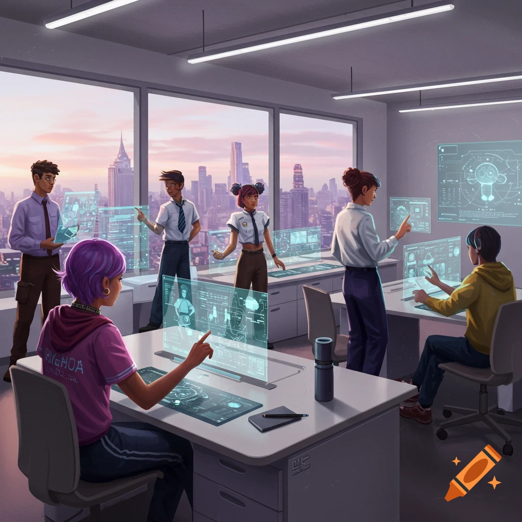 People interacting with holographic screens in a futuristic classroom overlooking a city.