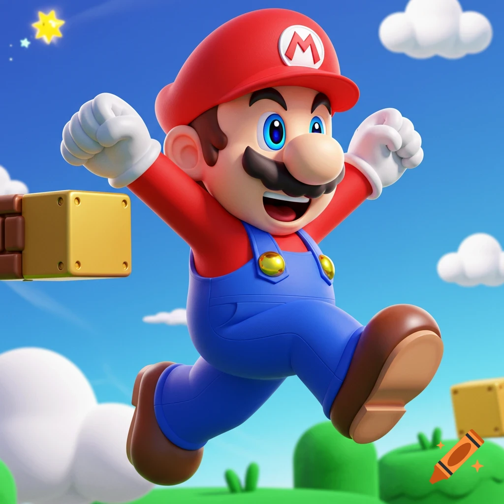 Mario jumping in a bright, cartoon world.