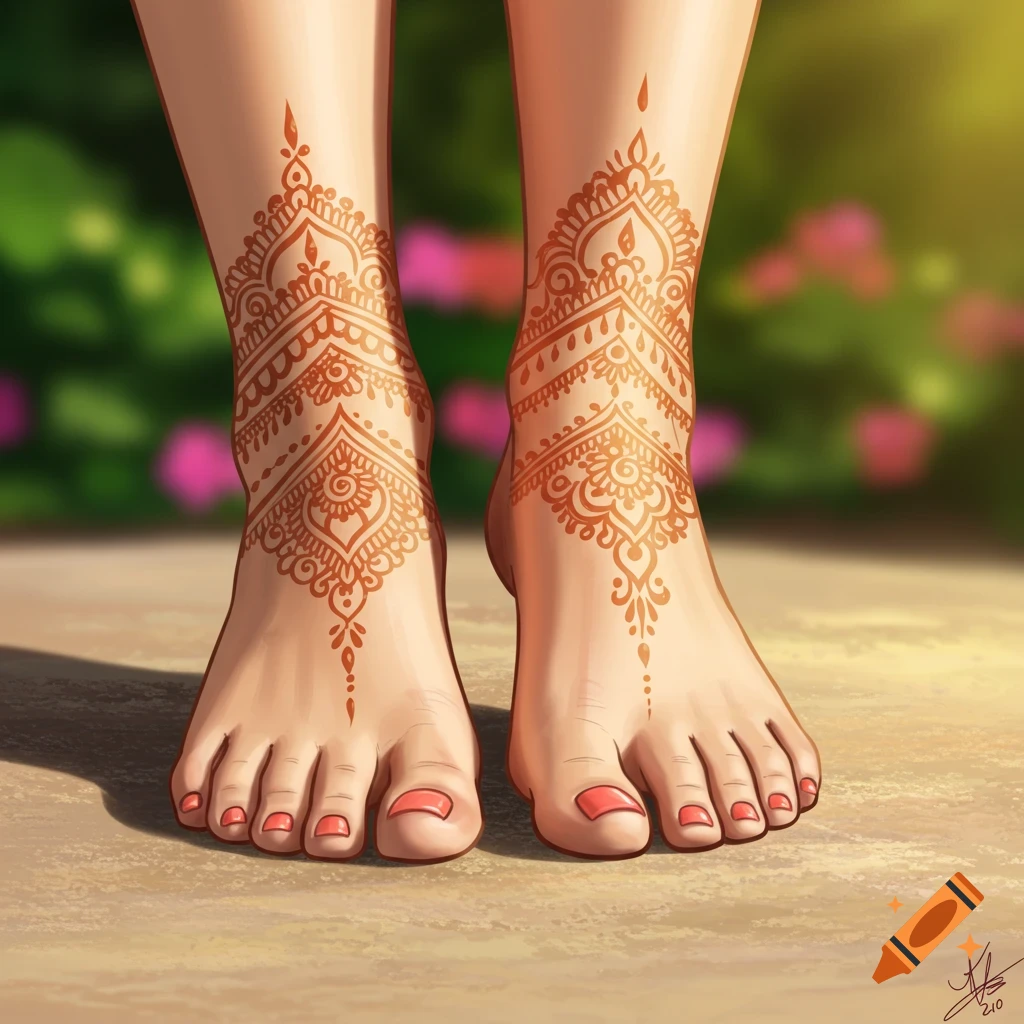A close-up of feet outdoors, adorned with detailed henna patterns and bright pink toenails.