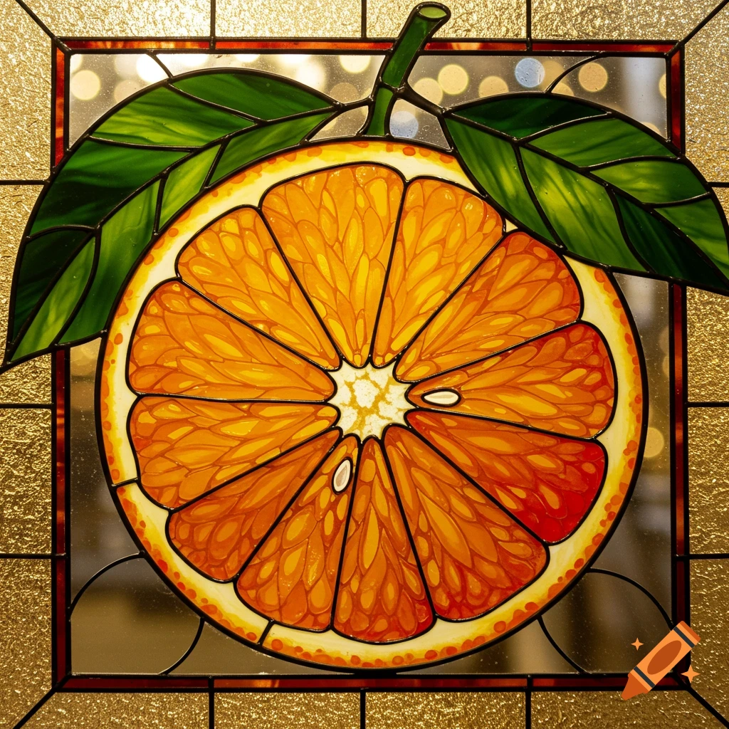 Stained glass artwork of an orange slice with leaves, framed with a gold border.