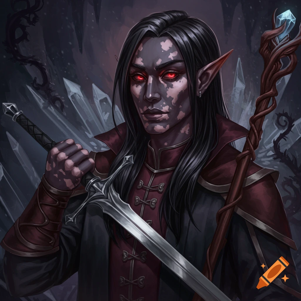A drow character with vitiligo, holding a sword and staff, standing in a crystal cave.