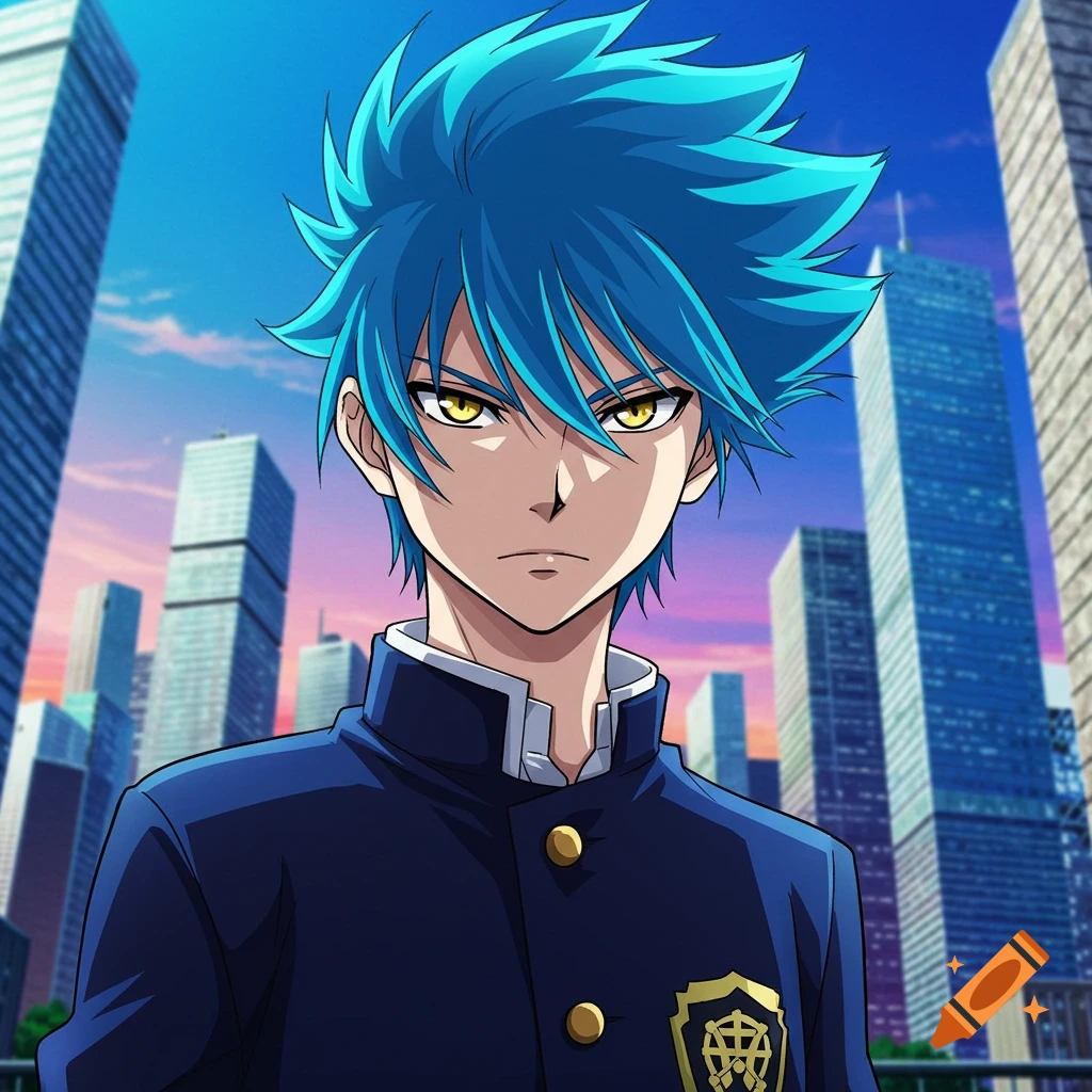 Anime main character with blue hair and yellow eyes in a school uniform standing in front of a city skyline at sunset.