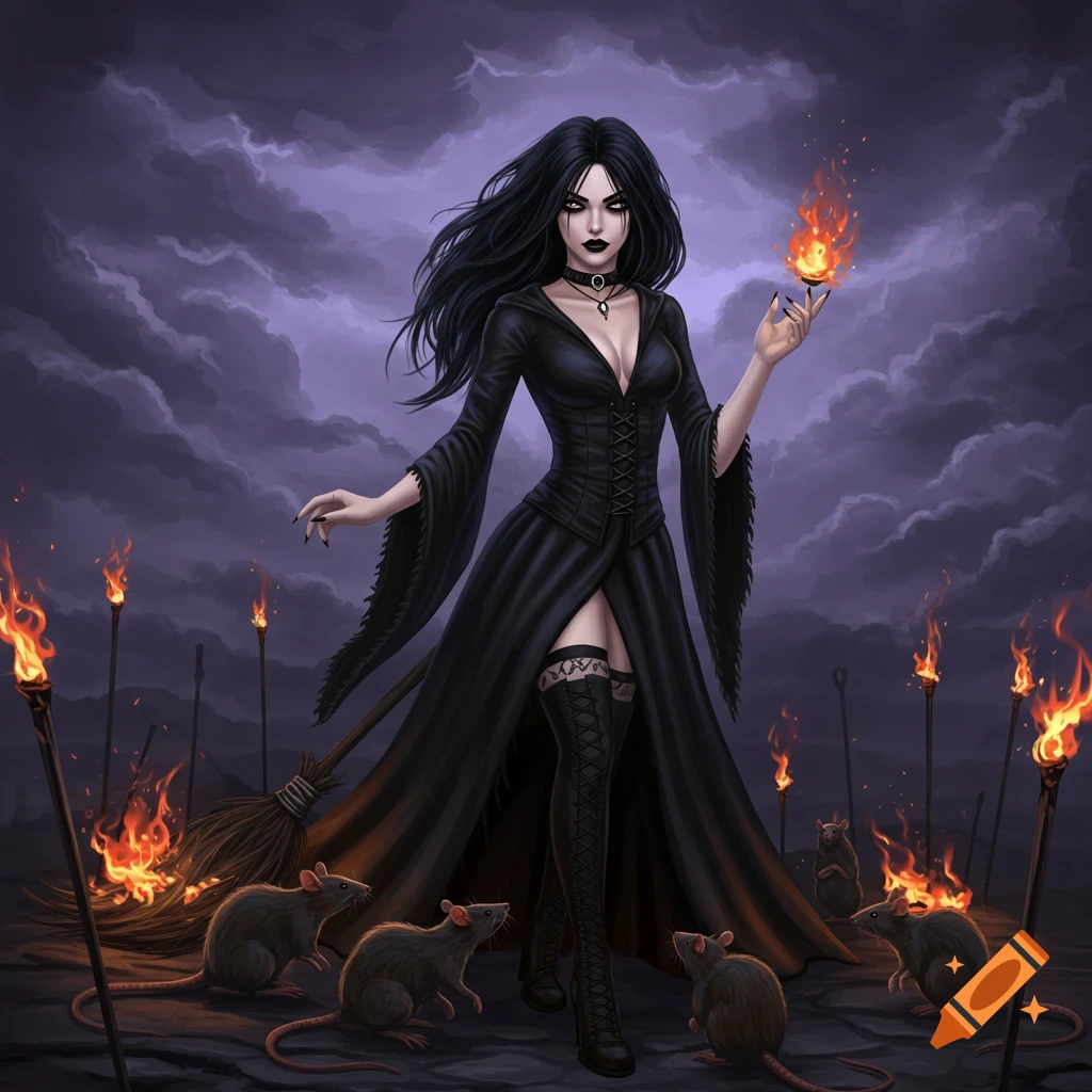 A dark fantasy painting of a witch with black hair standing among rats and flaming torches under a stormy purple sky.
