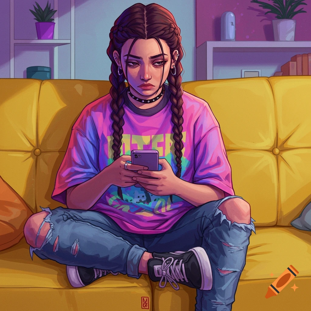 A bored teenage girl with braided hair sits on a yellow couch, looking at her phone. She wears a graphic tee and ripped jeans.