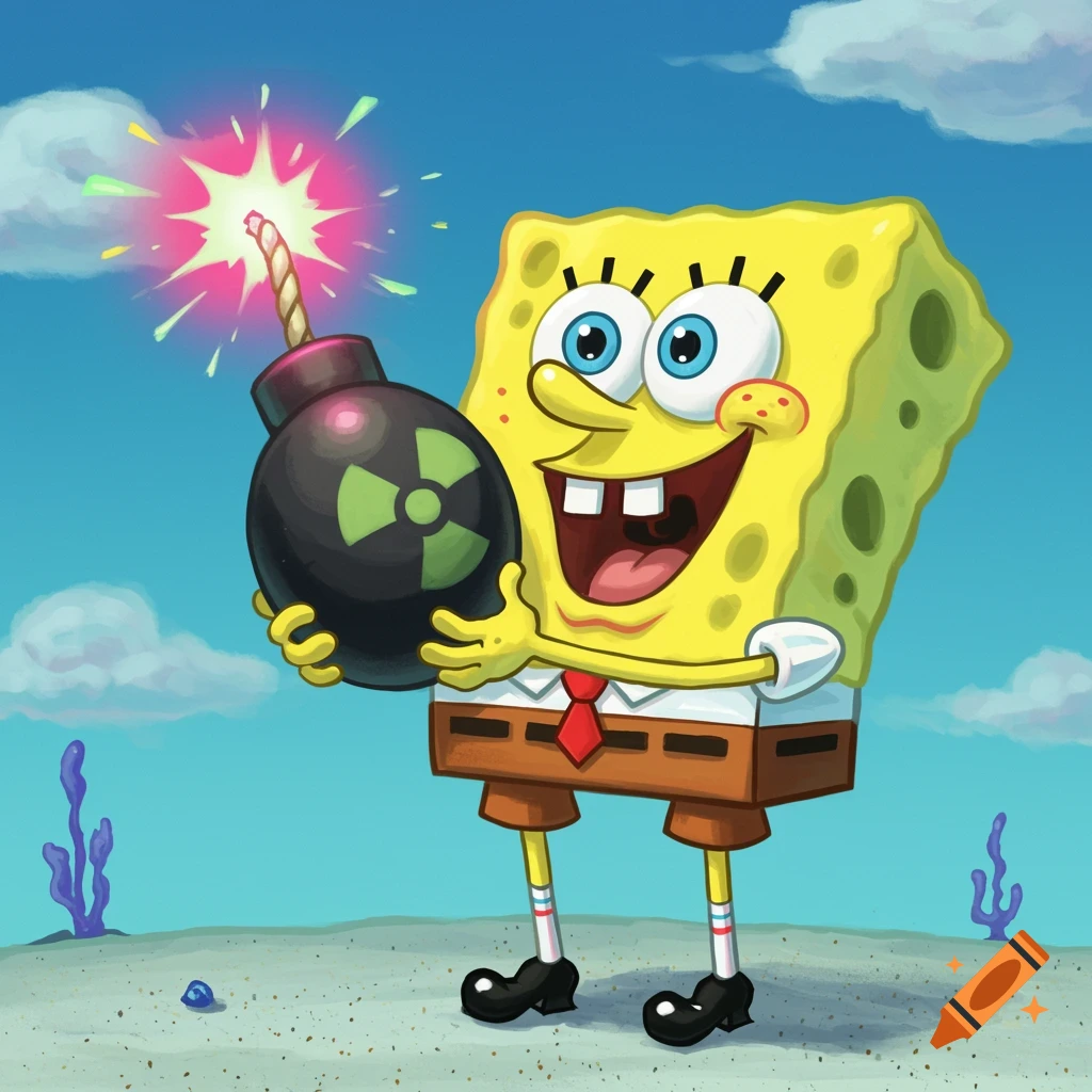SpongeBob SquarePants happily holding a cartoon nuclear bomb with a lit fuse.
