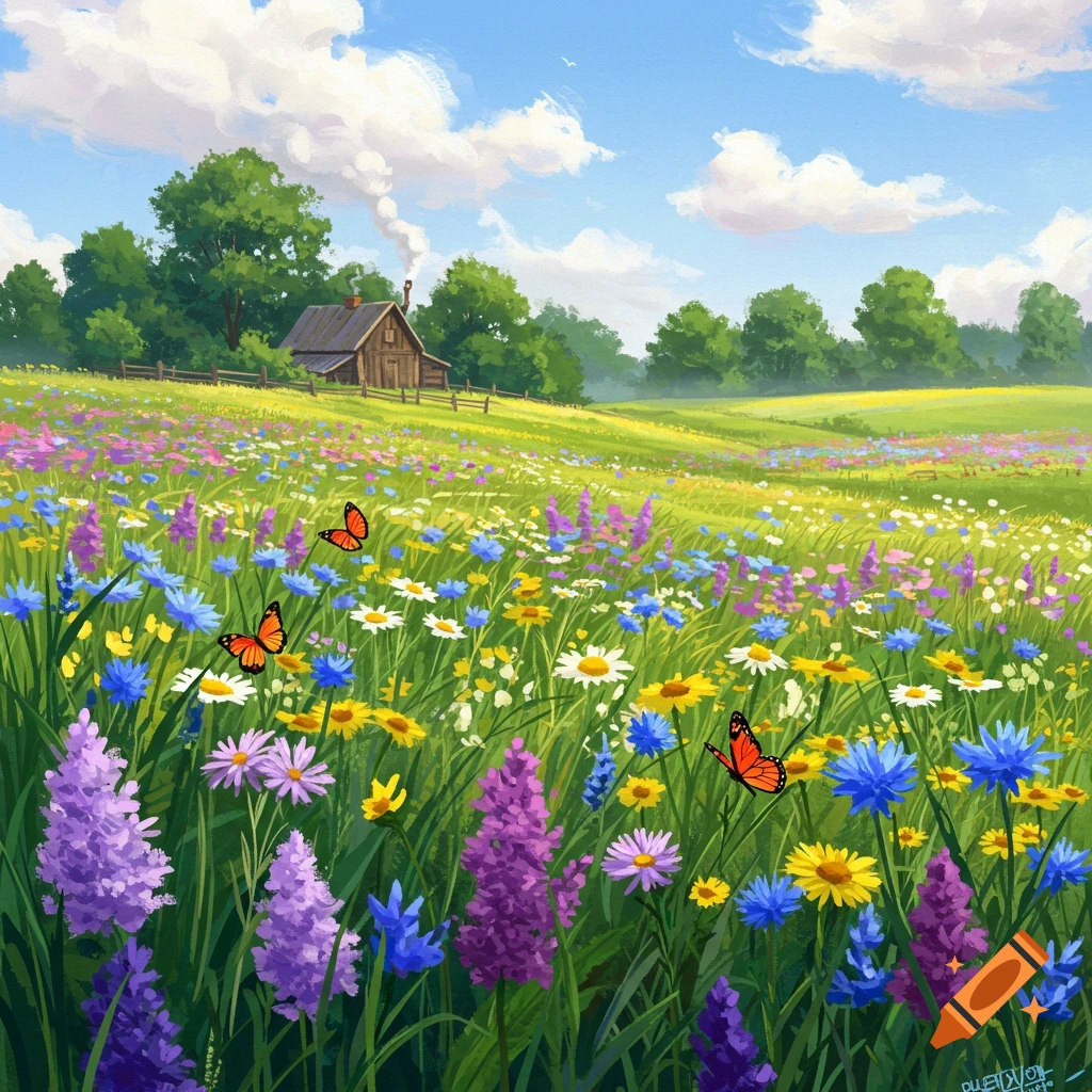 A sunny meadow is filled with colorful wildflowers, butterflies, and a distant cabin.