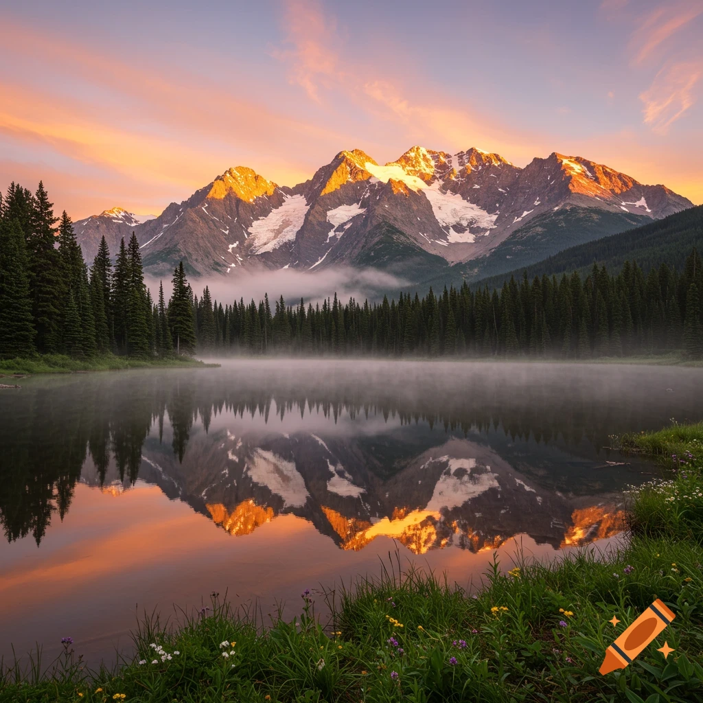 Sunrise over a mountain lake with pine trees and mist