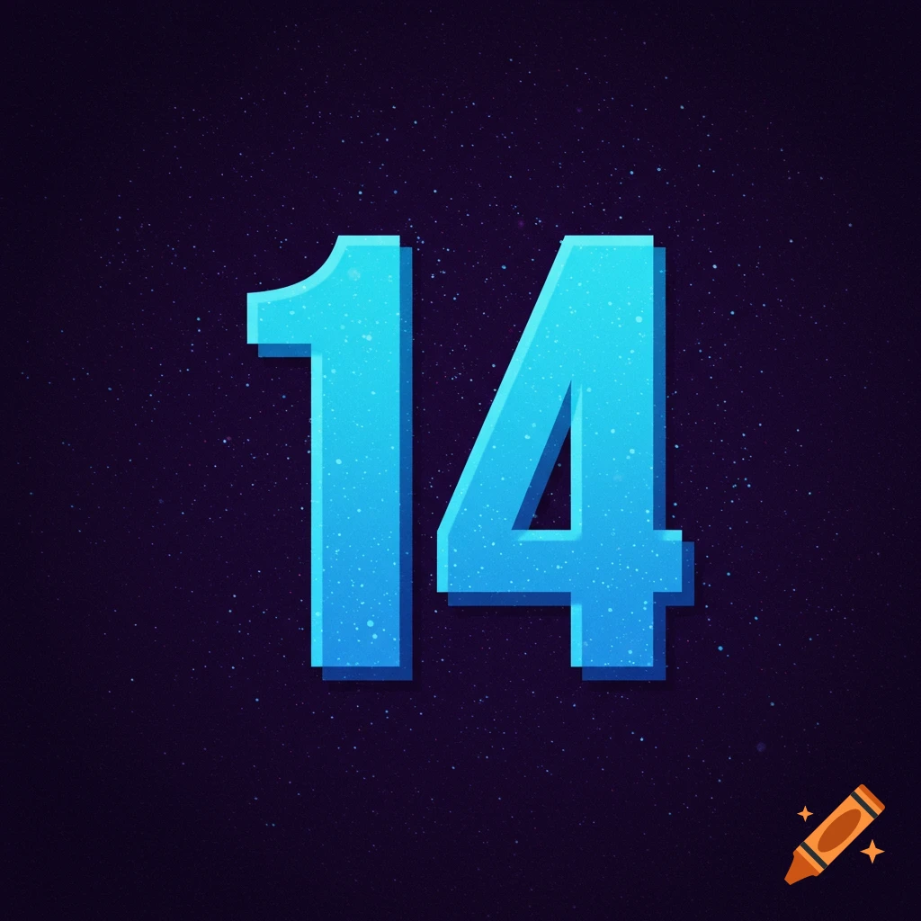 Stylized blue number 14 against a dark background with stars