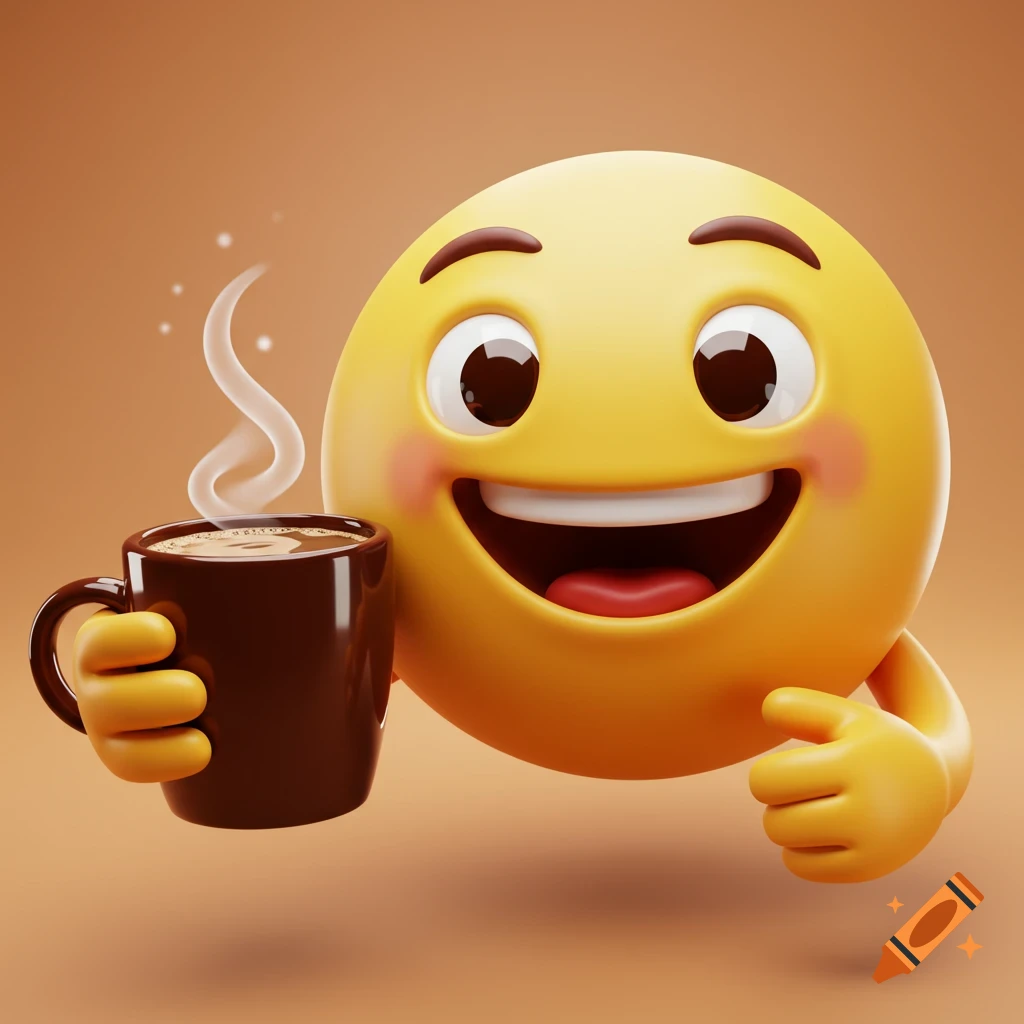 A smiling yellow 3D emoji character holds a steaming brown coffee mug.