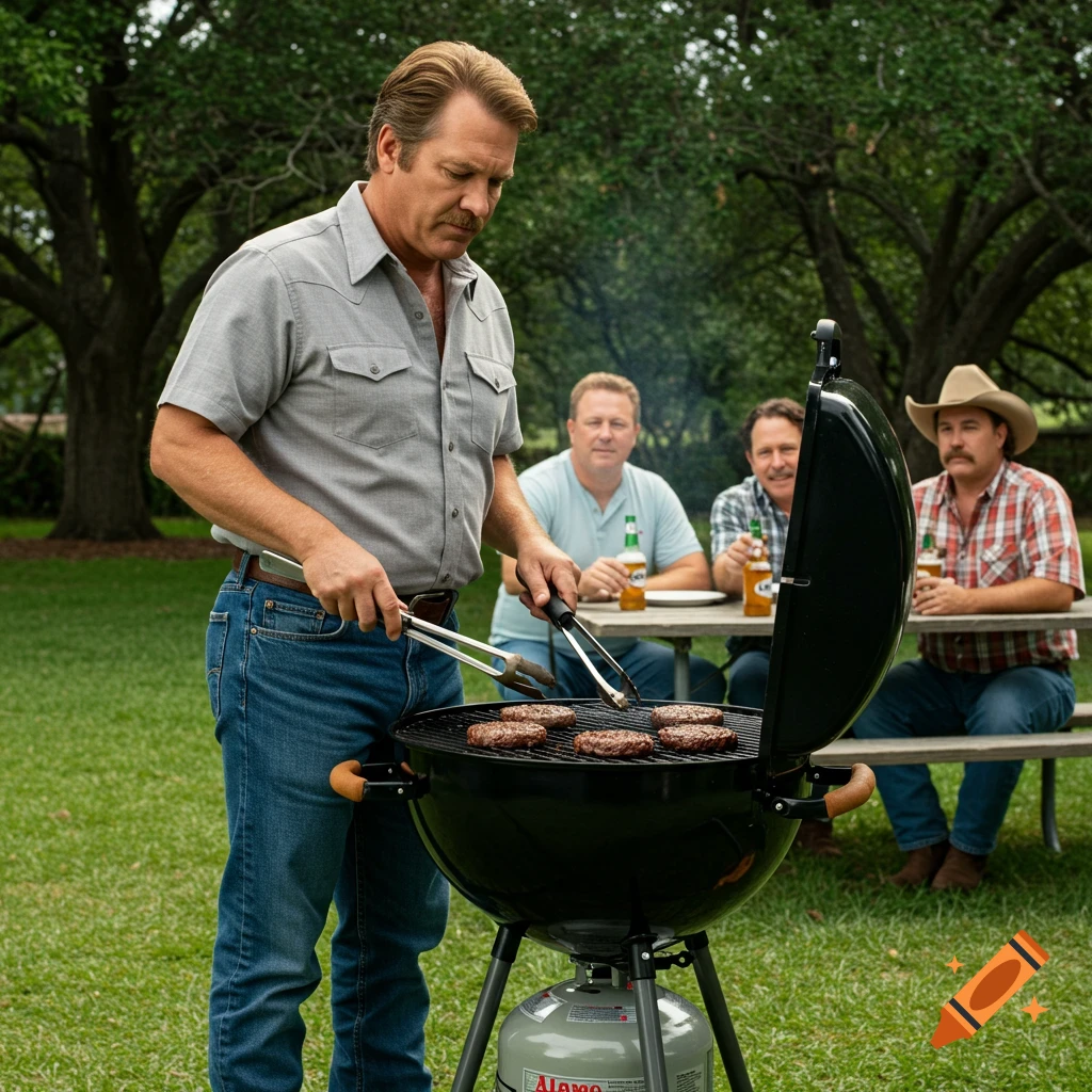 Man grilling burgers outdoors with friends at a picnic table, photorealistic.