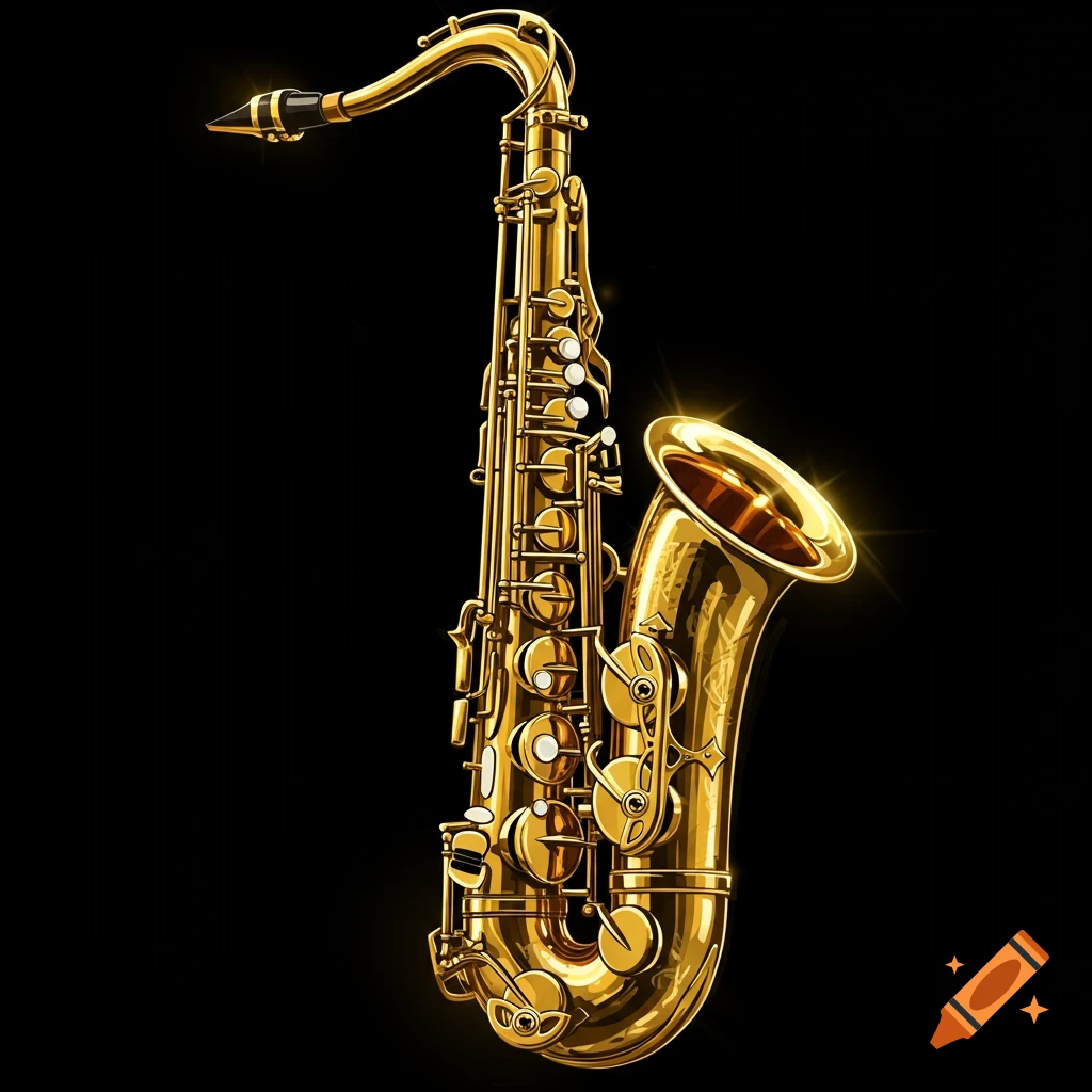A shiny gold saxophone against a black background