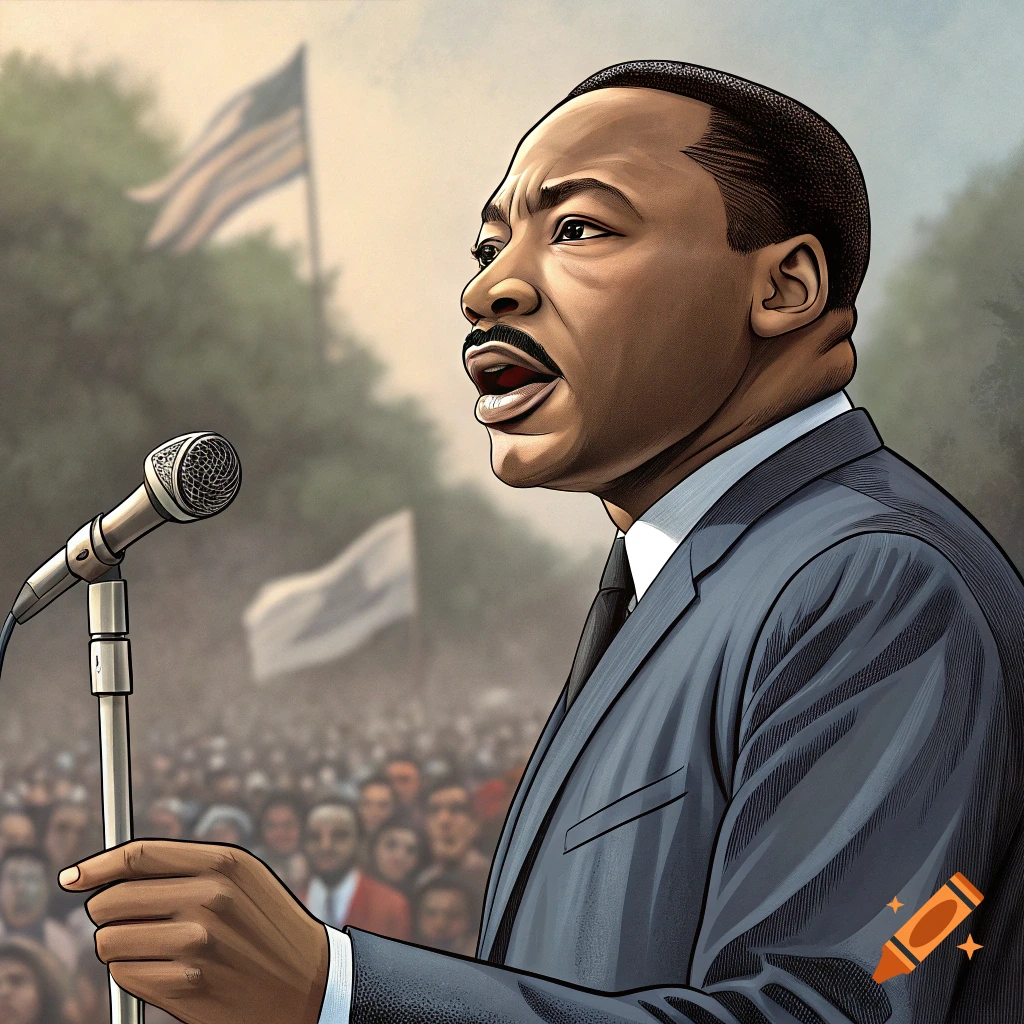 Illustration of a man resembling Martin Luther King Jr. speaking into a microphone at a rally with a crowd and flags in the background.