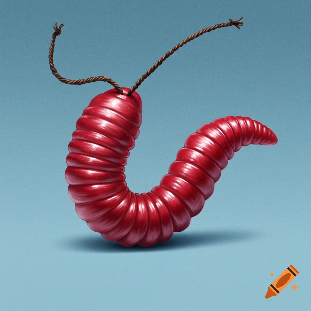 A red worm is on a string toy on a blue background