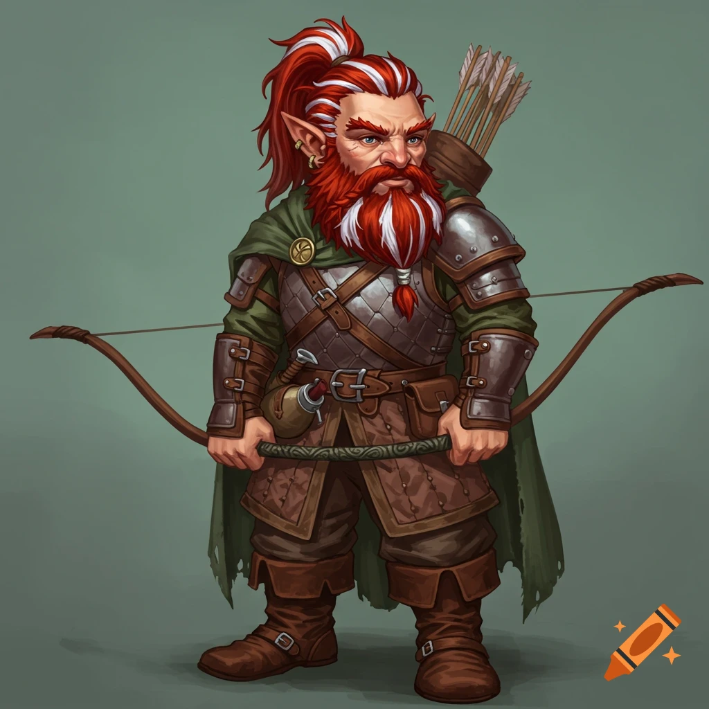 A fantasy character, likely a halfling or dwarf archer, with a red and white beard and hair, wearing leather armor and holding a bow.