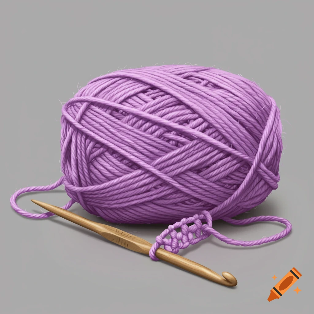 Purple yarn ball and crochet hook with stitches.