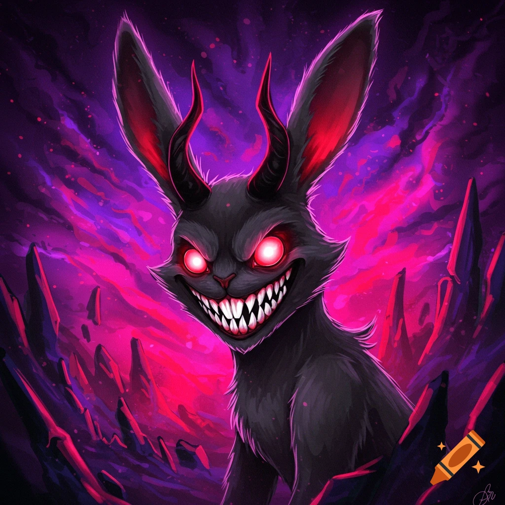 A demonic rabbit with horns, glowing eyes, and sharp teeth against a purple background.