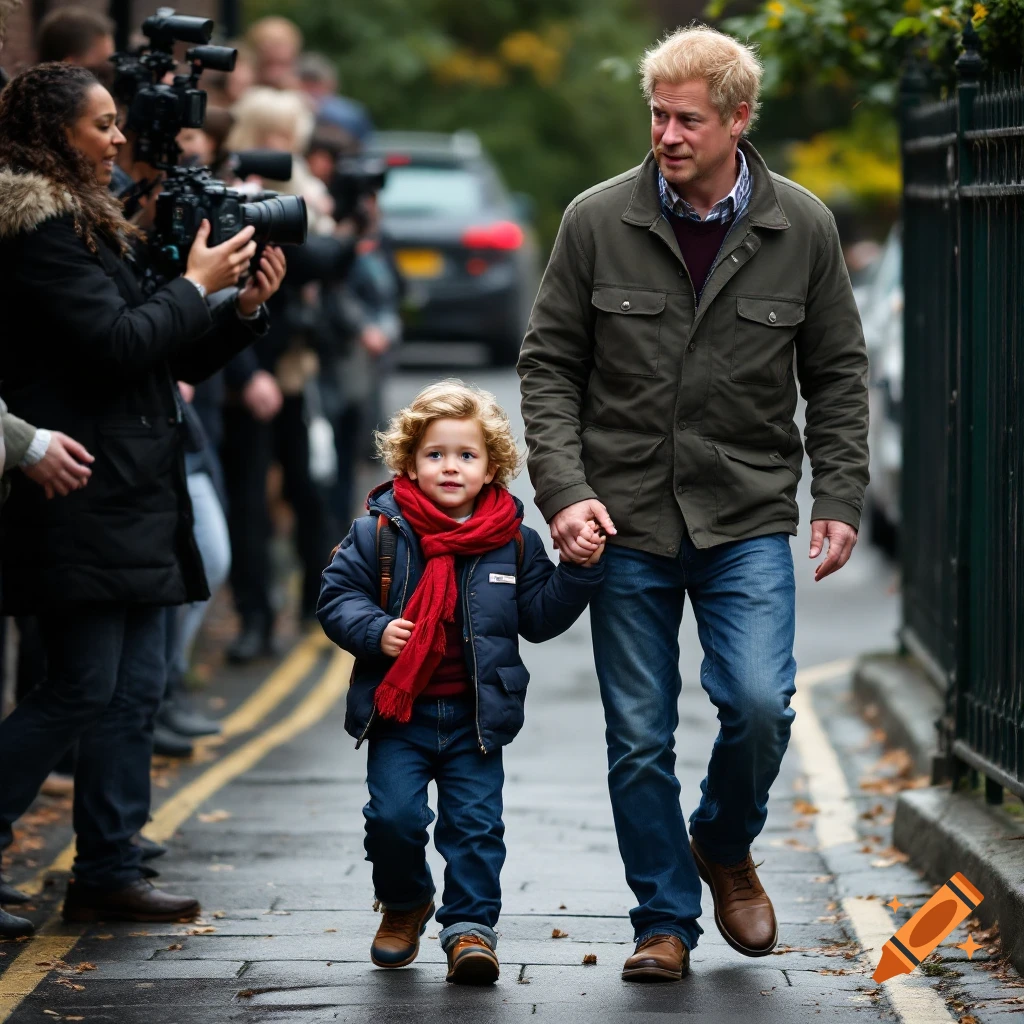 A man walks hand-in-hand with a young boy on a street with photographers in the background.