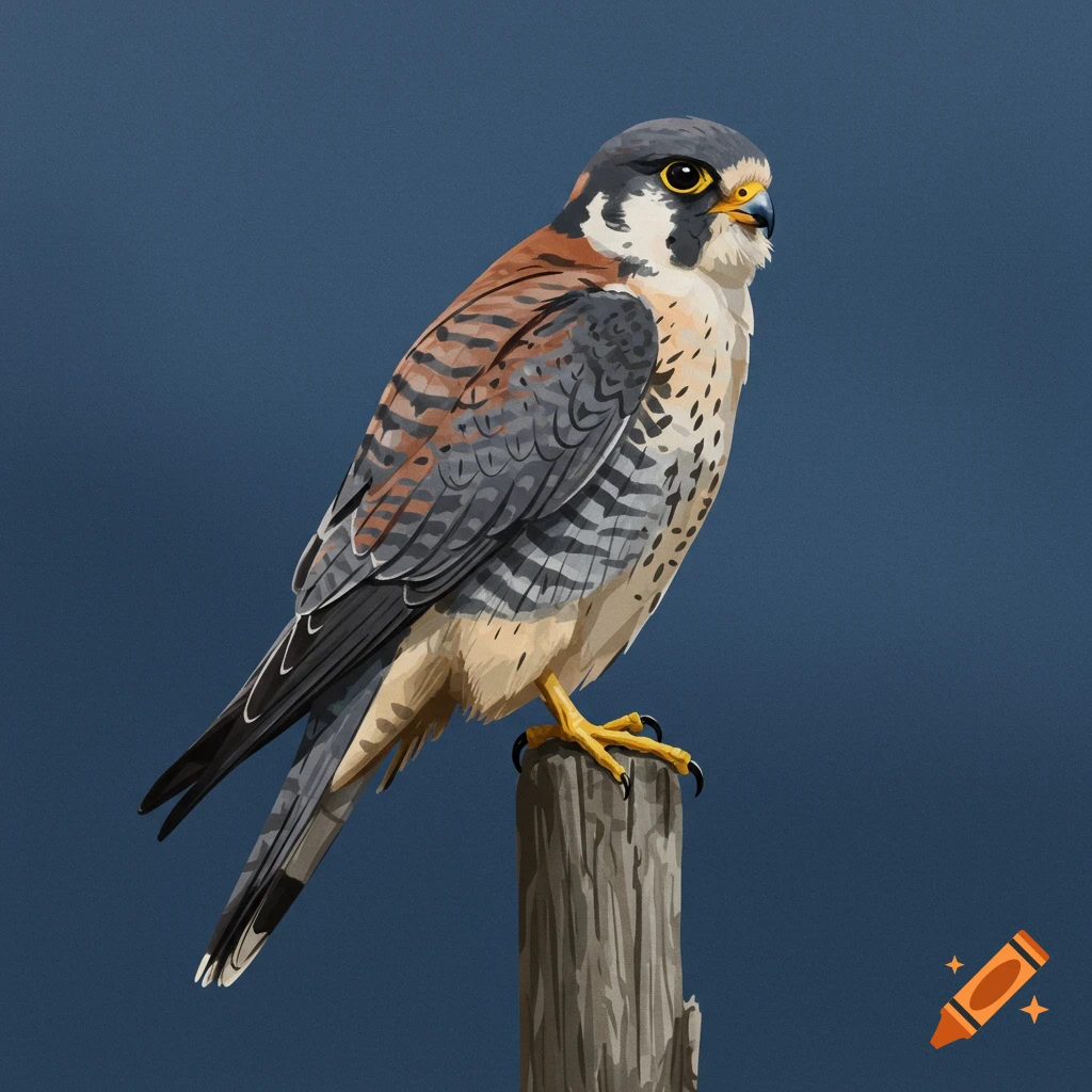 A falcon perched on a wooden post