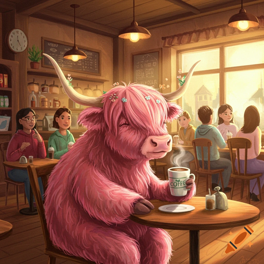 A pink fluffy Highland cow sits at a table in a coffee shop, holding a coffee cup.