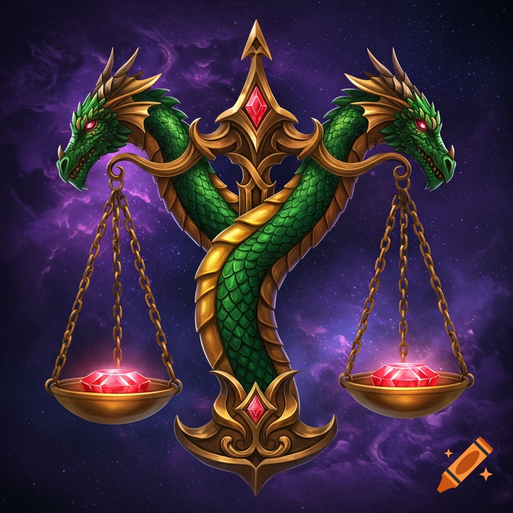 Scales of justice held by two green dragons, balancing red gems against a starry sky.