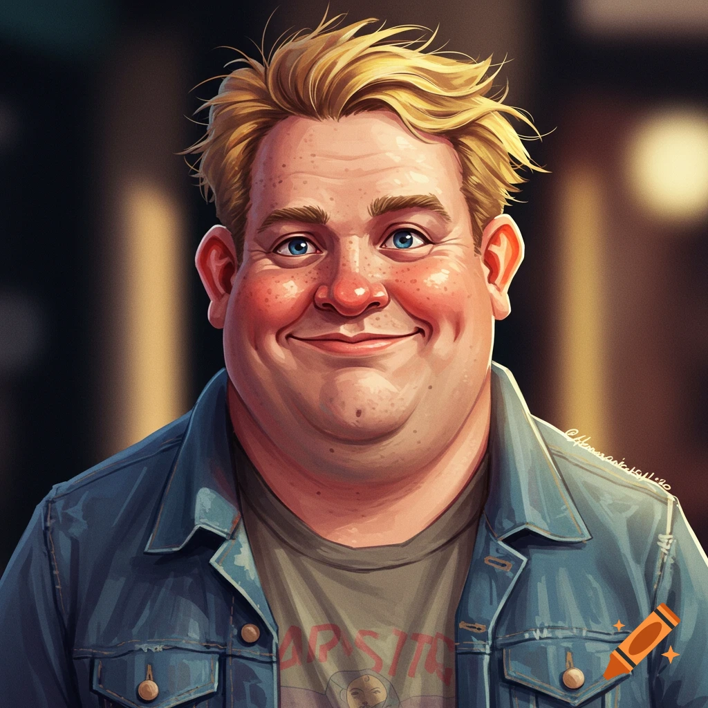 A smiling man with blond hair and freckles is wearing a denim jacket.
