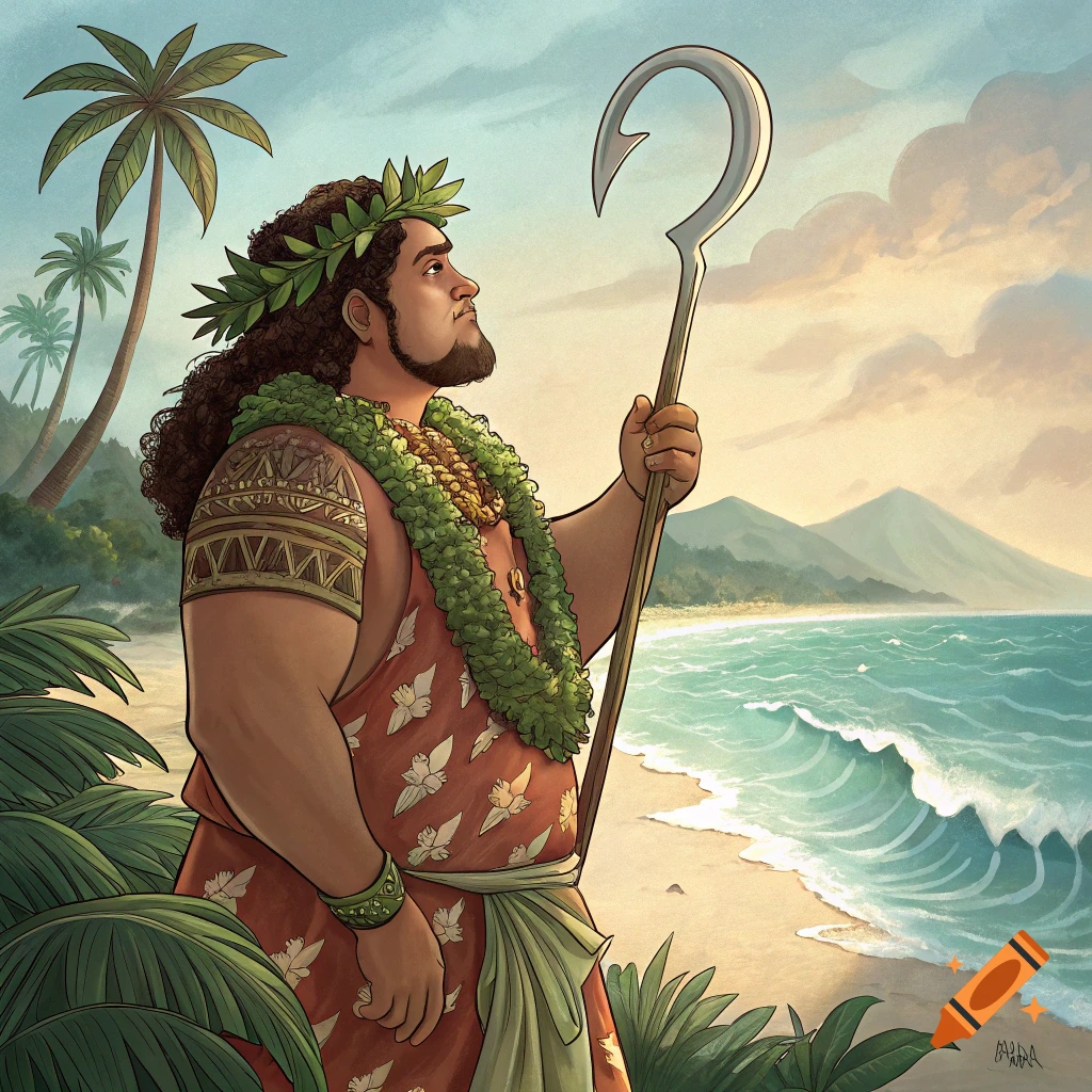 Illustration of a man resembling Maui holding a large hook staff on a tropical beach.