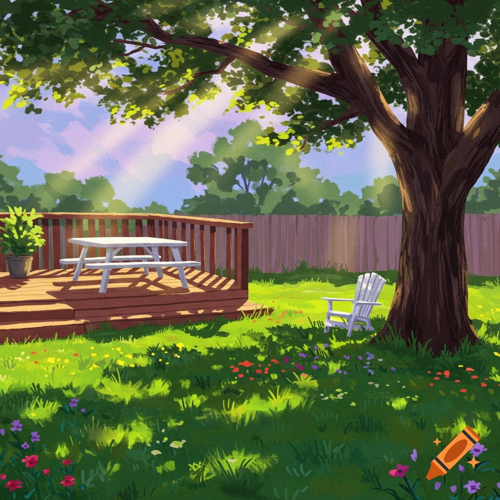 A sunny backyard with a wooden deck, picnic table, white chair, and a large tree.