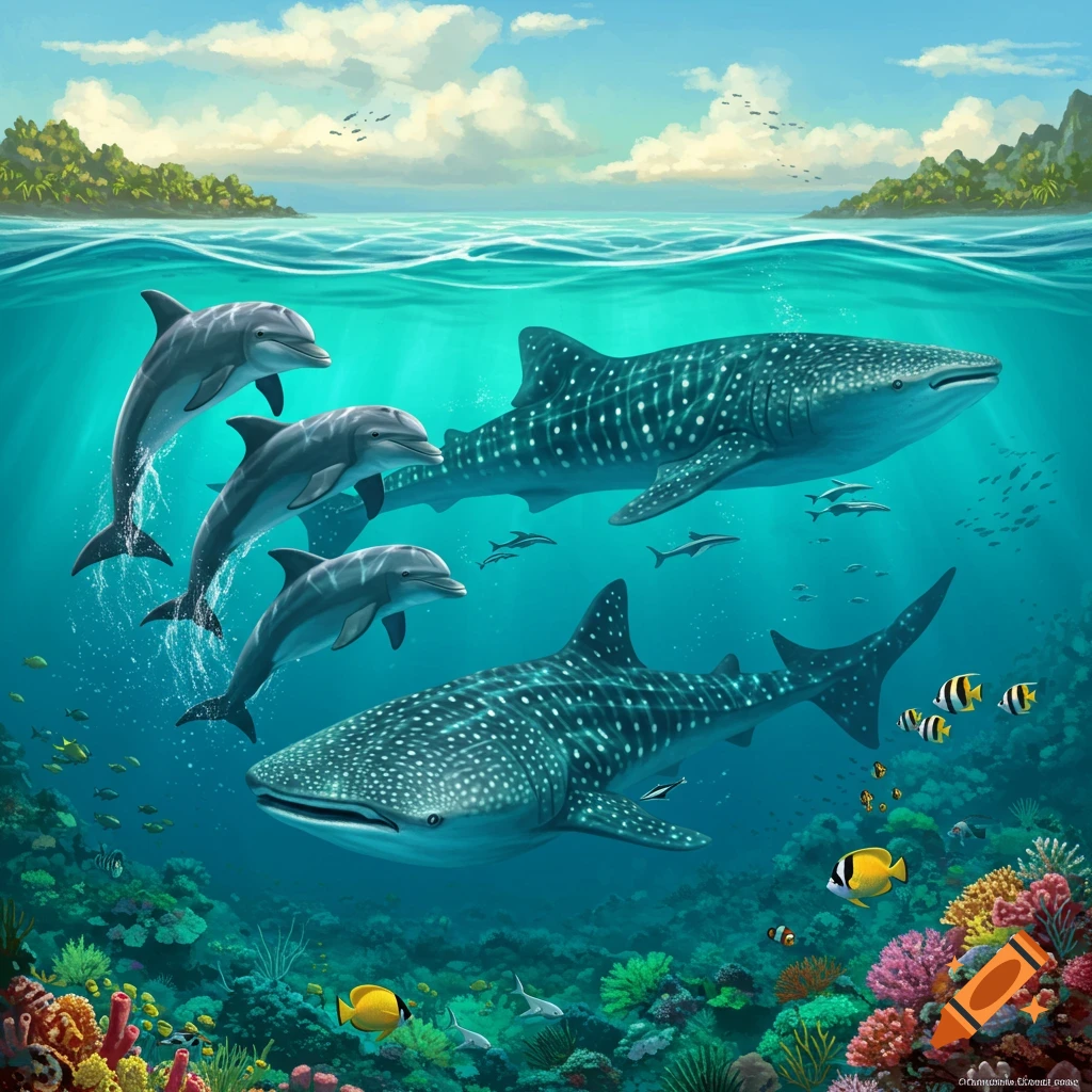 Whale sharks and dolphins swim gracefully in a vibrant coral reef.