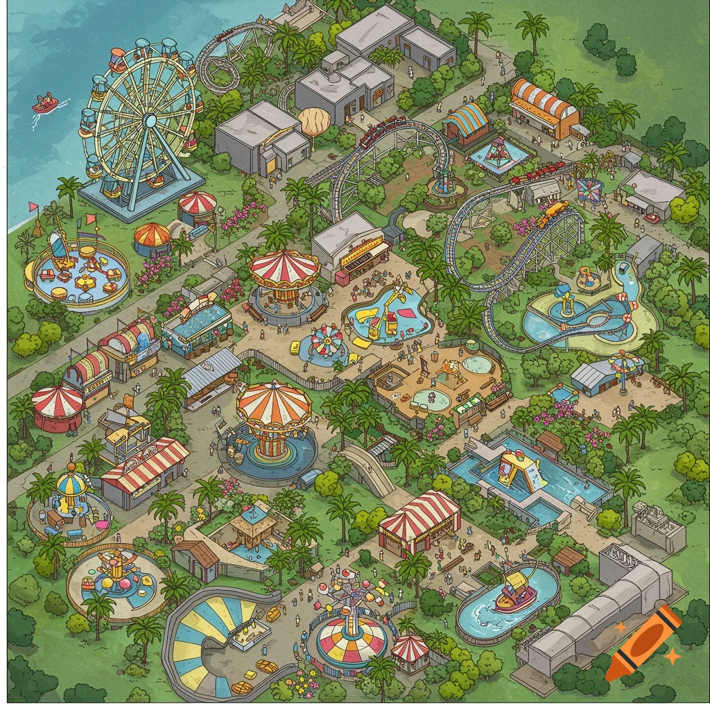 Isometric illustration of a busy amusement park with rides, food stalls, and paths.