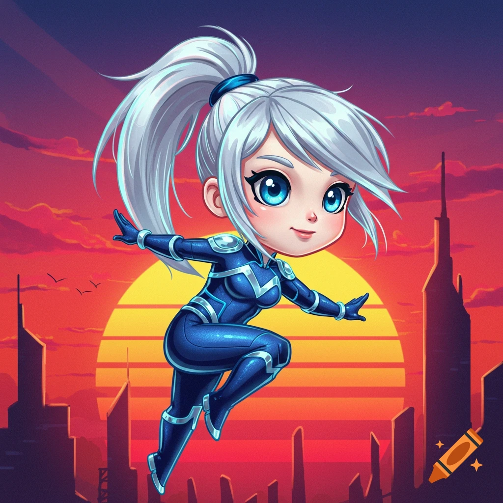 Chibi superhero girl in blue suit flying over a city at sunset, digital art