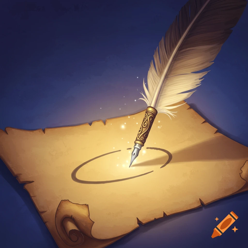 A feather quill drawing a glowing circle on parchment.