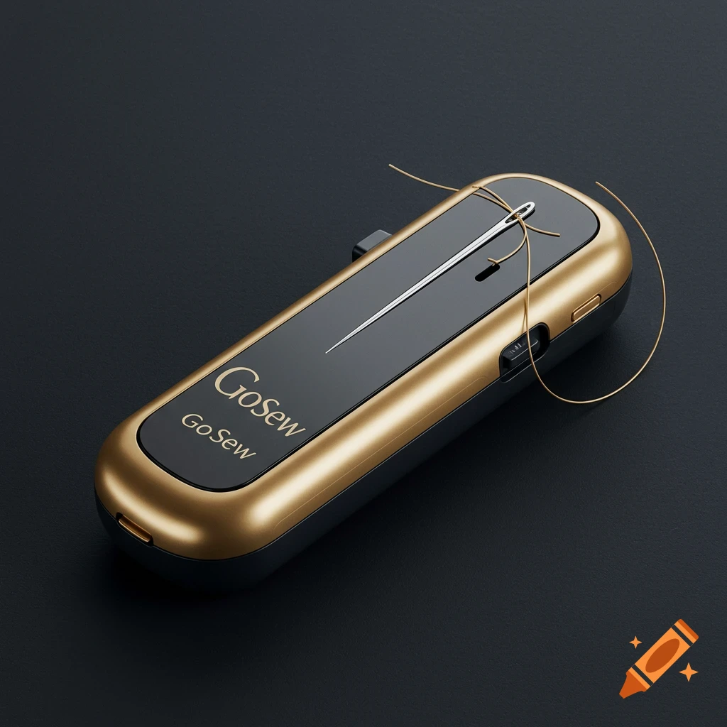 Modern gold and black handheld sewing machine with needle and thread, 'GoSew' logo.