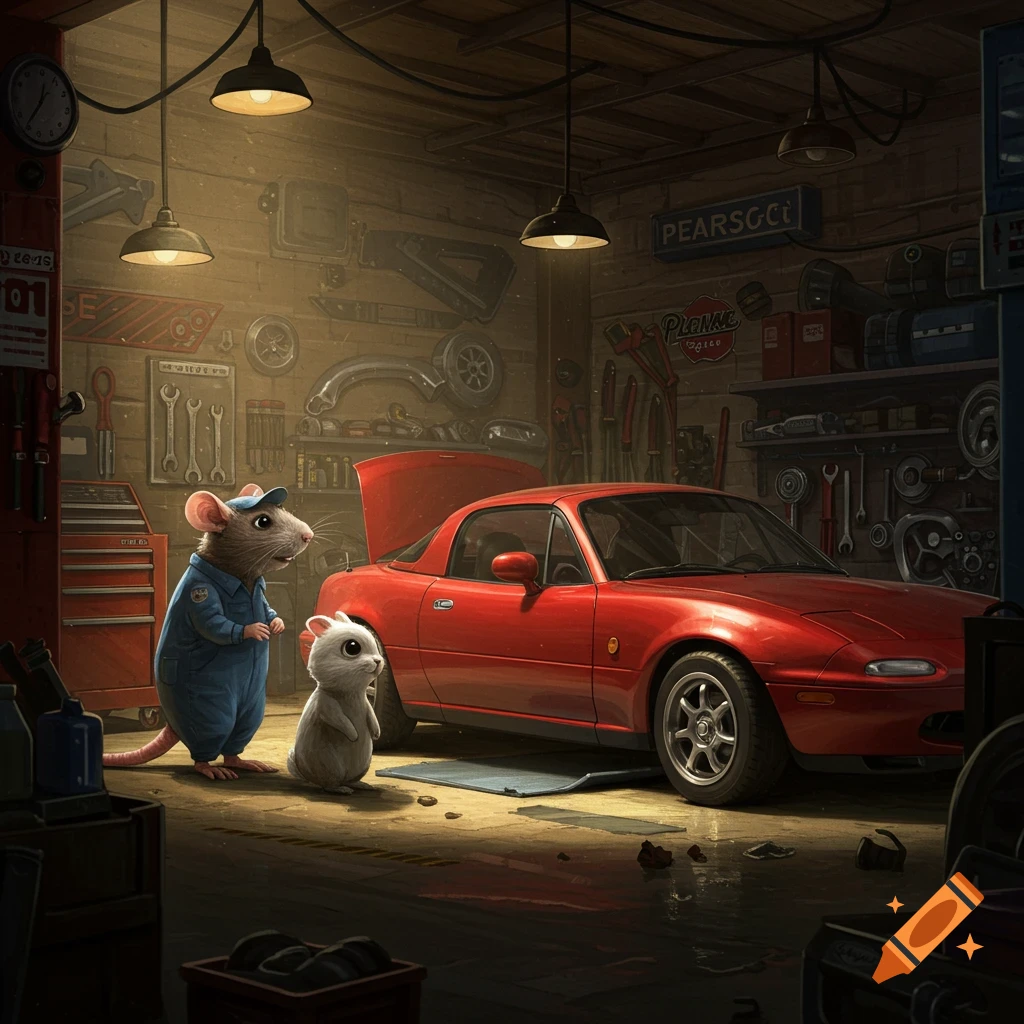 A rat mechanic and a bunny stand next to a red sports car in a cozy garage.
