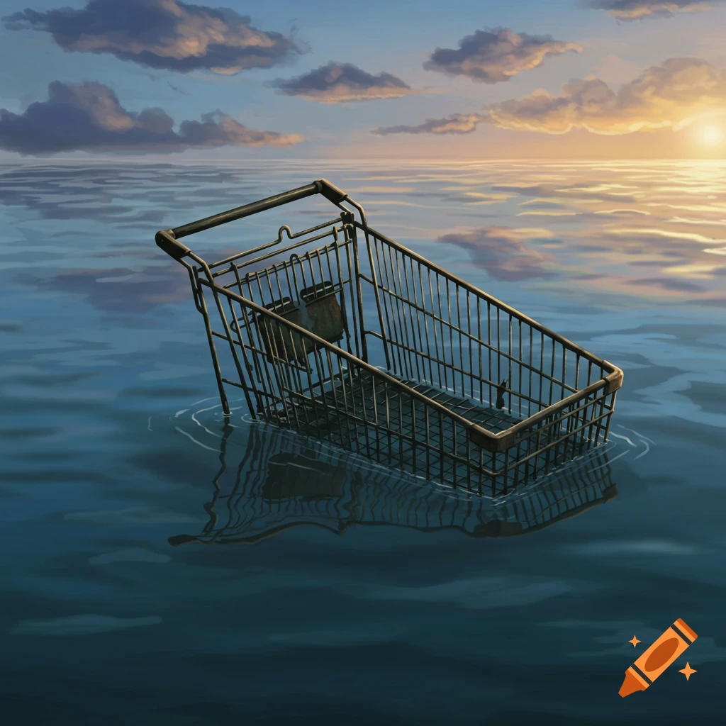 Abandoned shopping cart partially submerged in calm water at sunset.