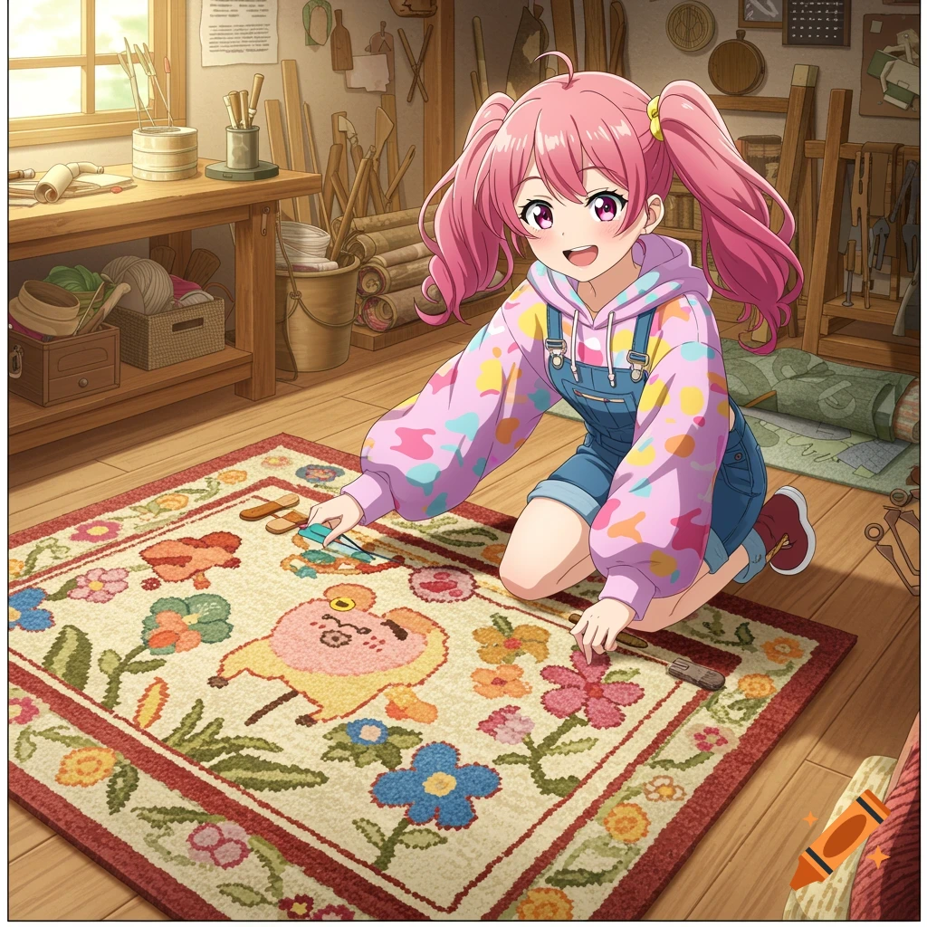 Anime girl with pink pigtails making a colorful rug with a pig design in a workshop.