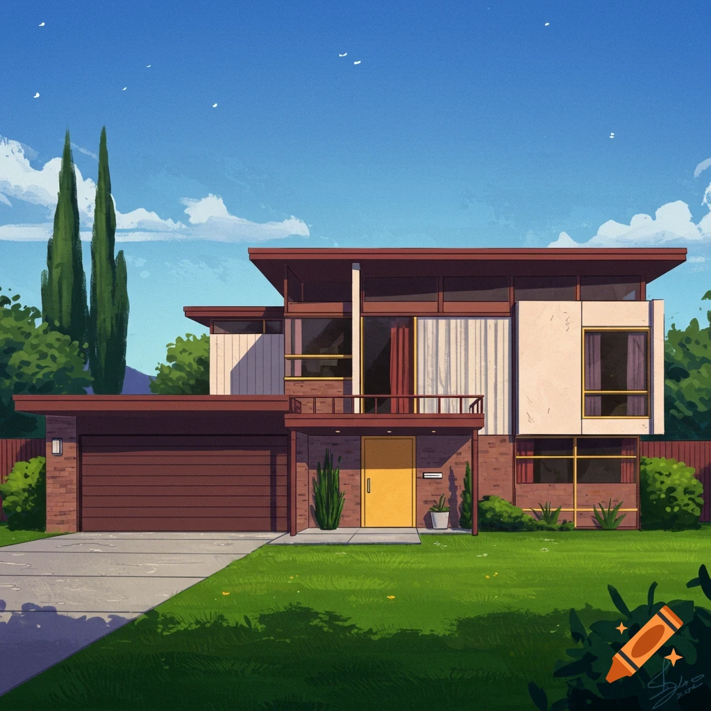 A mid-century modern house with a garage and front yard under a blue sky.