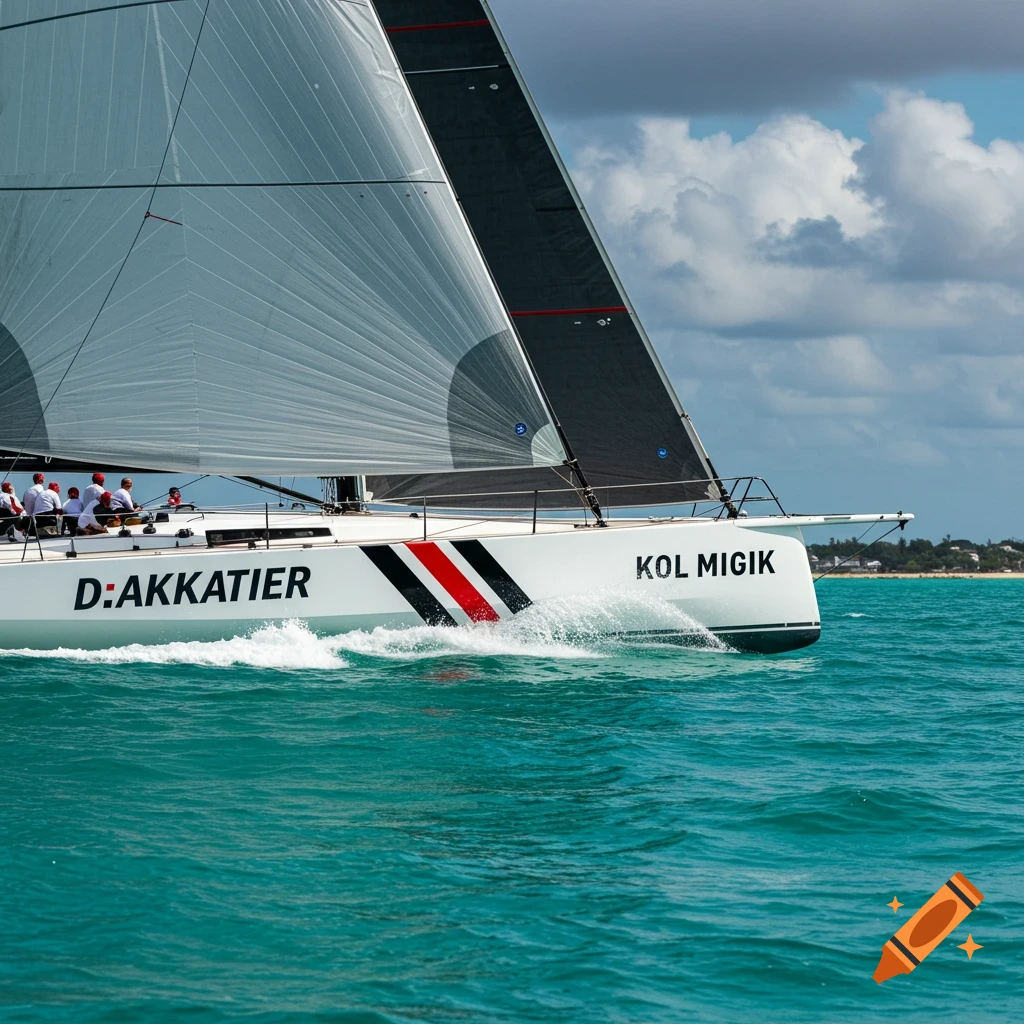 Side view of a racing sailboat with text on its hull cutting through the water.