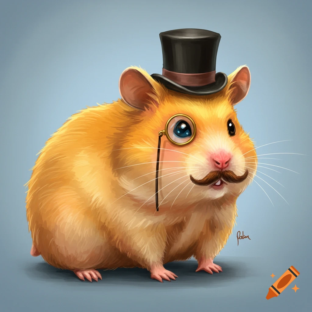 A hamster wearing a top hat and monocle.