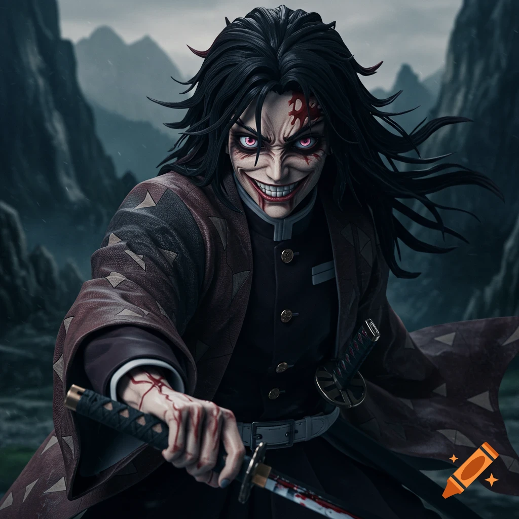 Demonslayer character with creepy smile, blood, and sword in mountains.