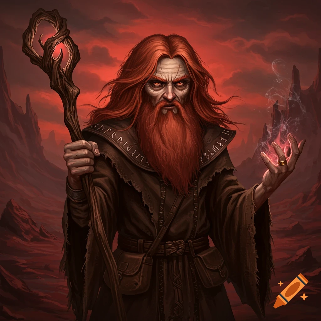 An old, red-haired wizard casting magic in a desolate landscape.