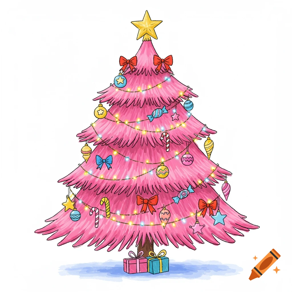 A pink Christmas tree with lights, ornaments, and presents, in a drawn style.
