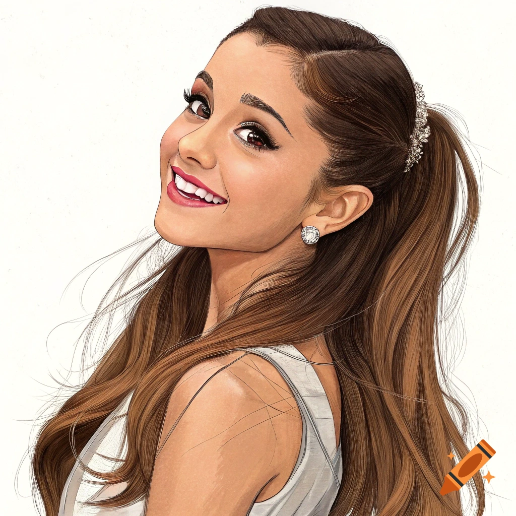 Caricature of Ariana Grande smiling with a high ponytail.