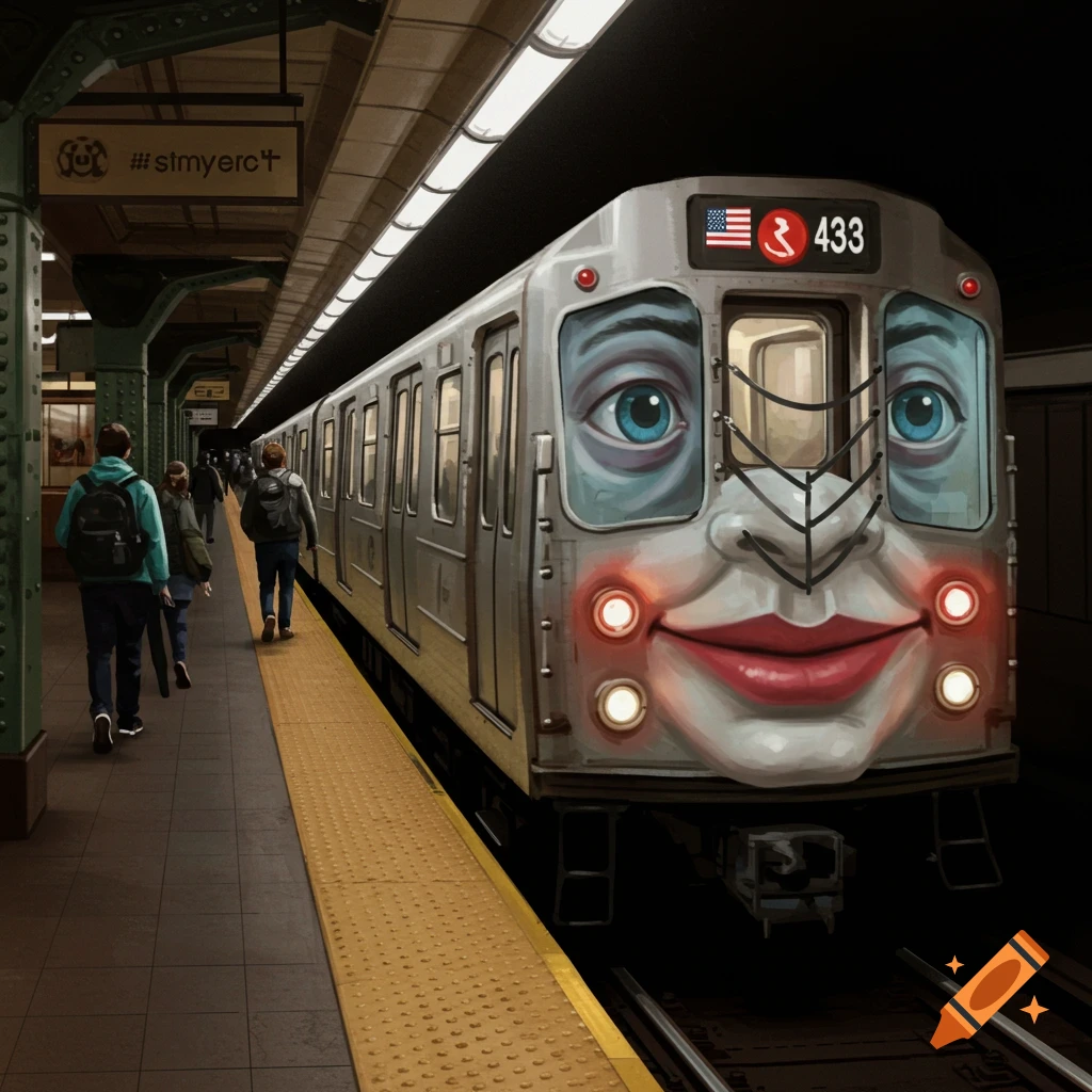 A subway train with a face in a station as people walk on the platform.