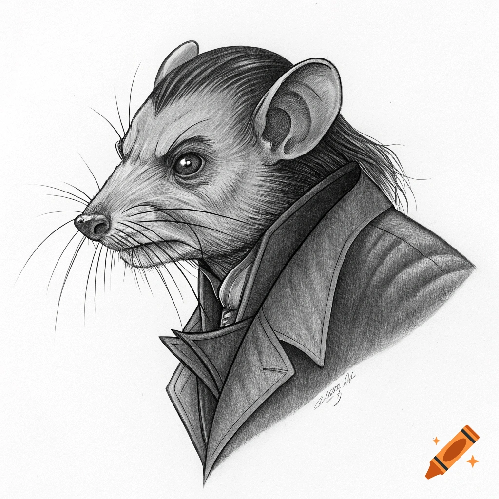 Black and white pencil sketch of an anthropomorphic rat in a jacket, in profile, resembling Nosferatu.