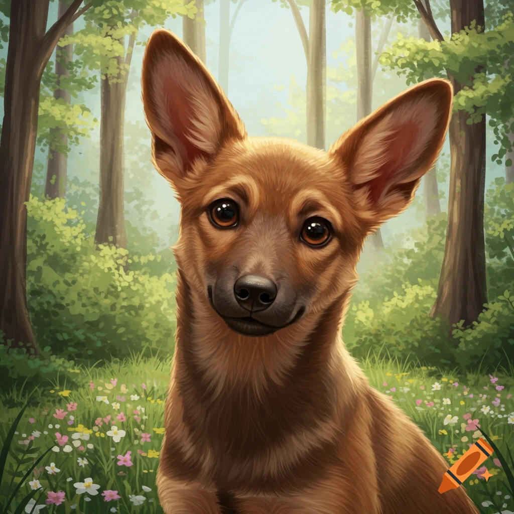 A cute brown dog with big ears sits in a forest clearing among wildflowers.
