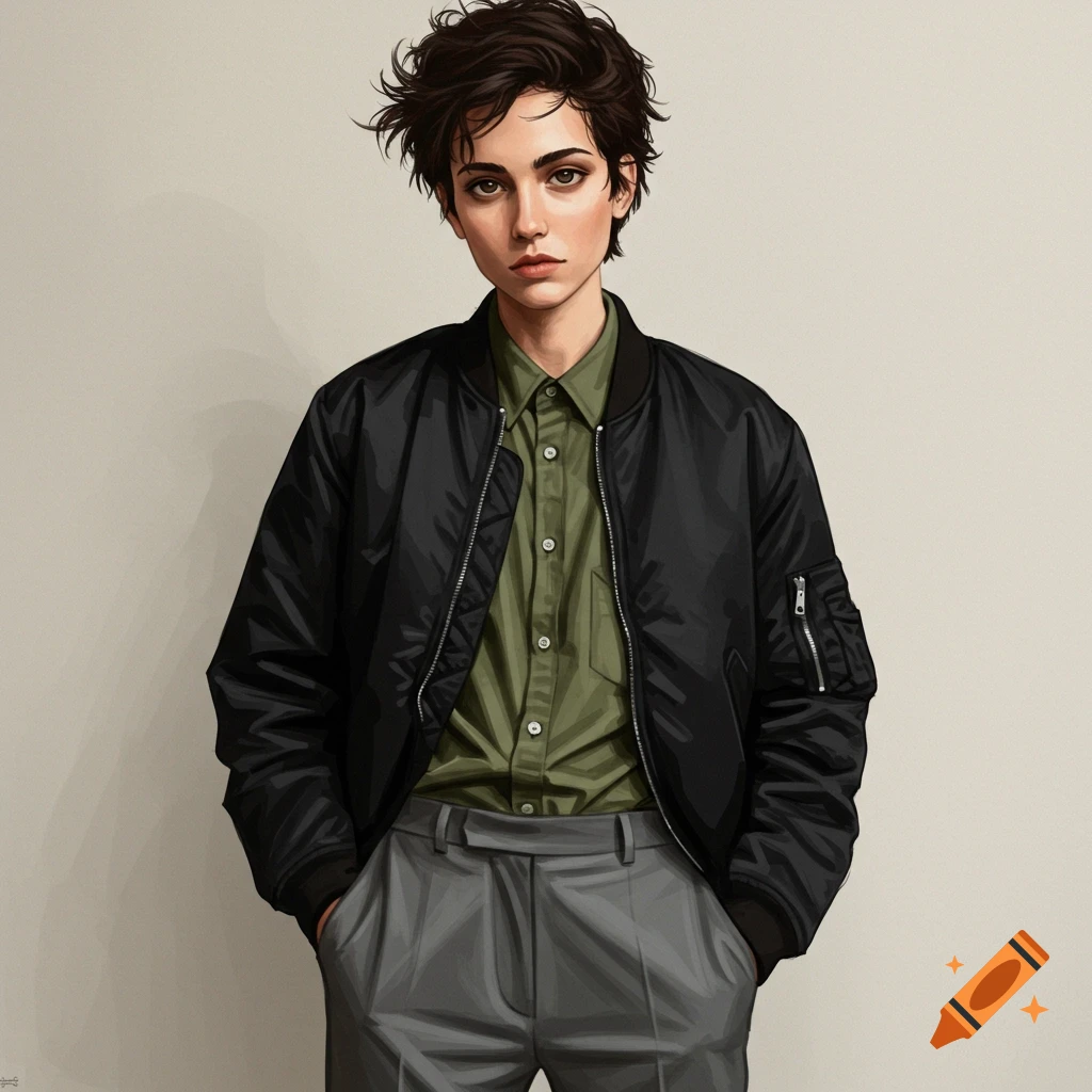 Portrait of a person wearing a black bomber jacket and gray pants
