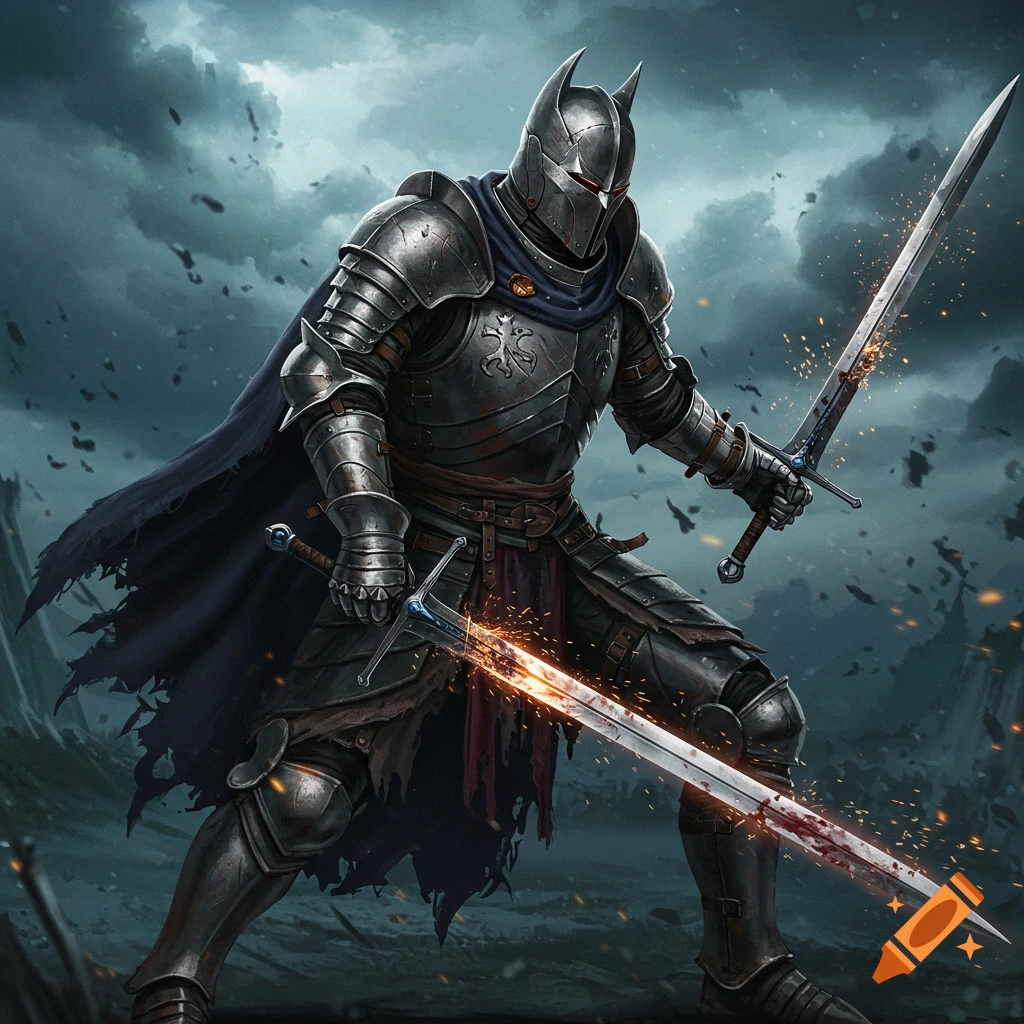 A knight in dark, metallic armor and a cape dual-wielding two swords in a dramatic fantasy landscape.