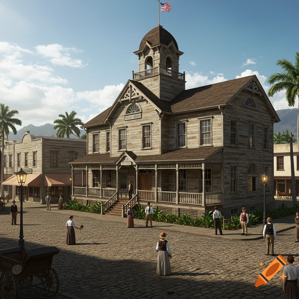 A wooden courthouse stands in a historical town square with people in period clothing, photorealistic rendering.